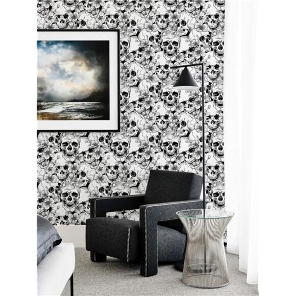 2 Rolls Black and White Sugar Skull Floral Wallpaper 17.7IN x 9.8FT - Picture 5 of 7